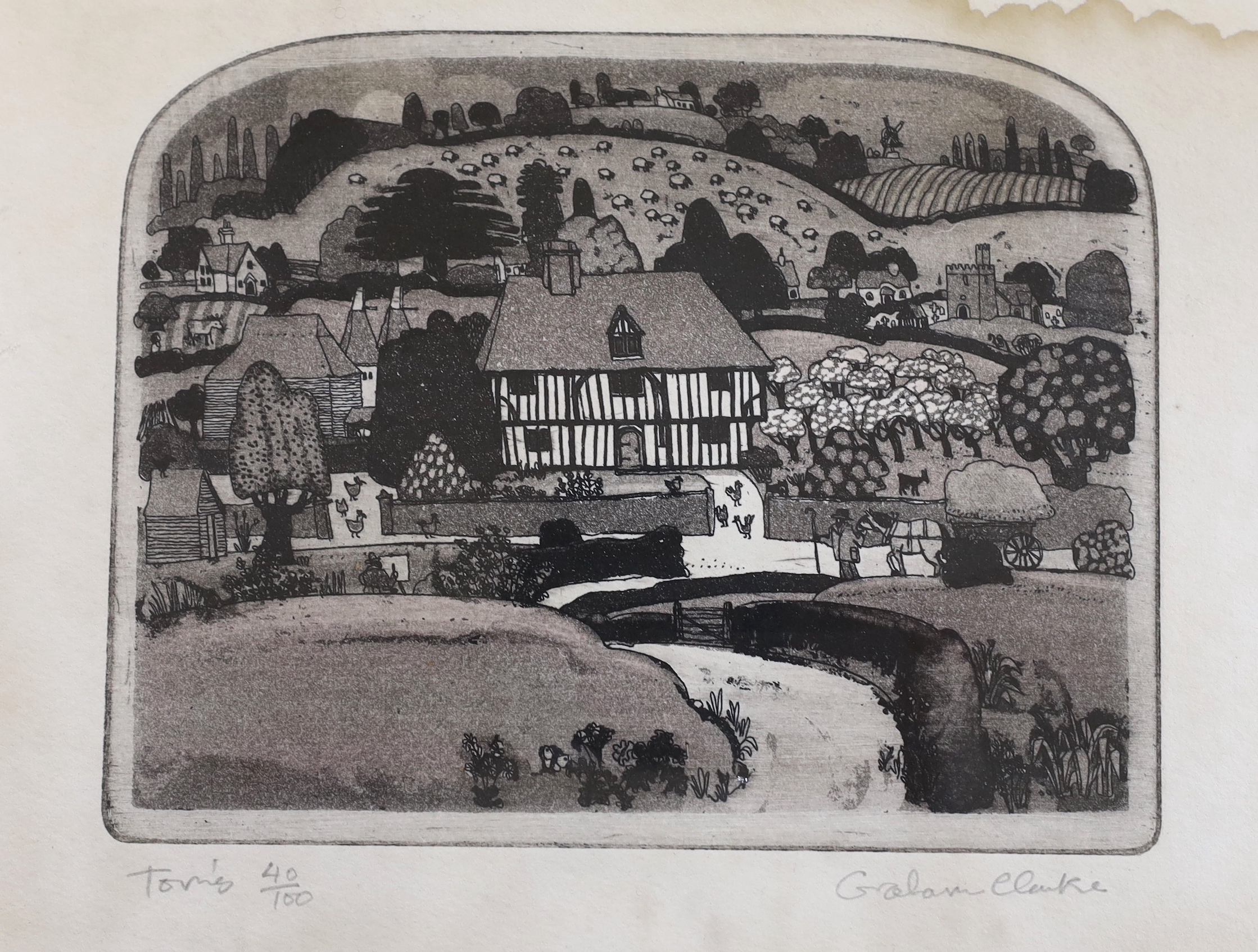 Graham Clarke (b. 1941) three limited edition etchings comprising 'Walton West', 'Mowers' and 'Tom's', each signed in pencil, largest 19 x 24cm